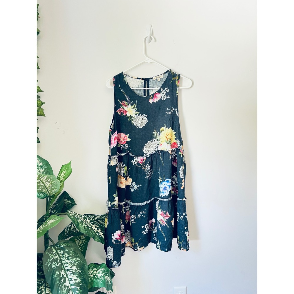 Linen Babydoll Dress Navy Floral Tiered Sleeveless Lagenlook Tunic Sundress - Picture 3 of 10